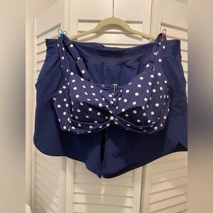 LANDS END Women's (2pc) “Bra Top & Swim Shorts” Size 20W Navy/White Dots EUC
